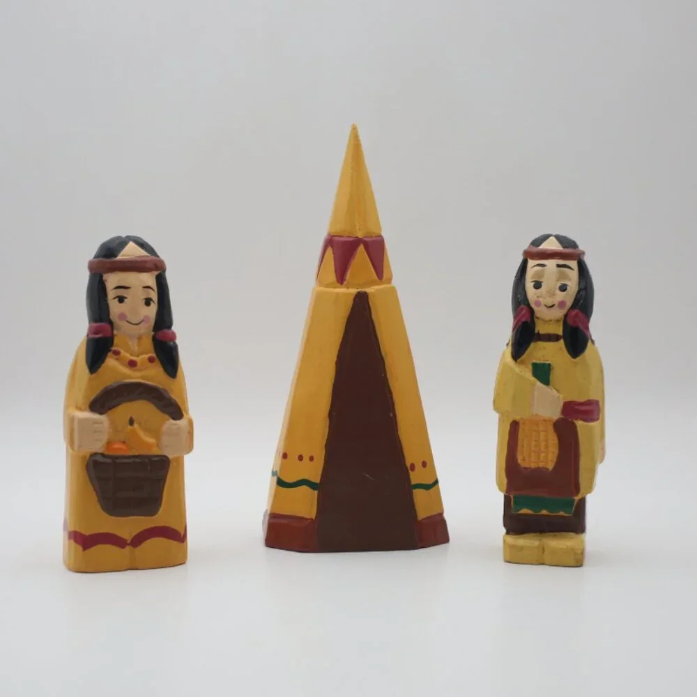 Vintage 1970s Hand Carved Hand Painted Indian Man, Woman & Teepee